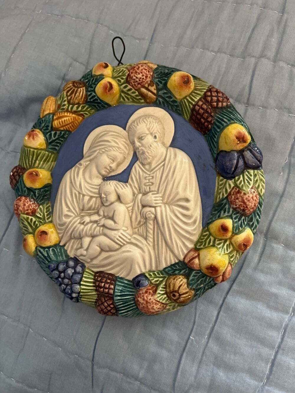 Vintage Italian Style Holy Family Ceramic Wall Plaque Fruit Border Religious